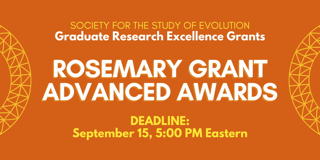Orange background with yellow geometric arches on the sides. Text: Society for the Study of Evolution. Graduate Research Excellence Grants. Rosemary Grant Advanced Awards. Deadline: September 15, 2022 5:00 PM Eastern